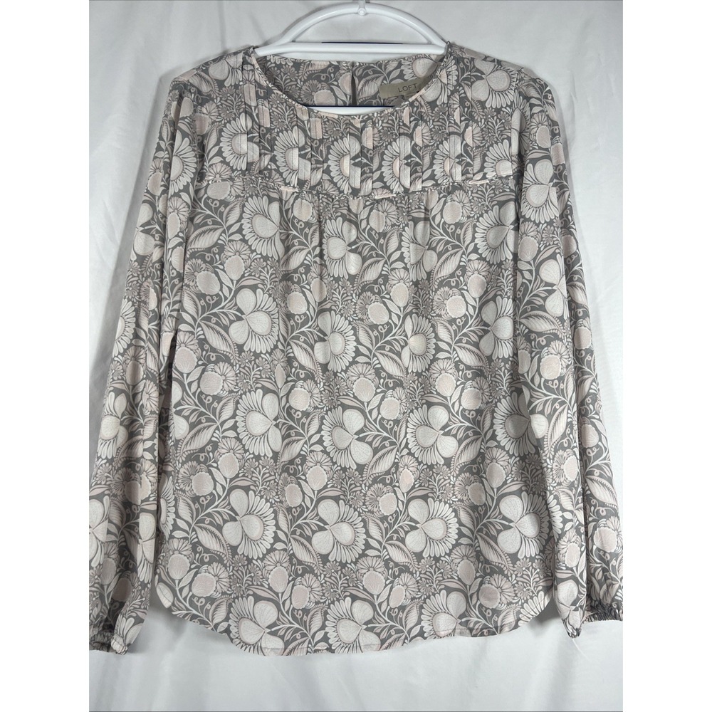 Loft Womens‎ XS Semi Sheer Long Sleeve Peasant Top Grey and Pink Polyester